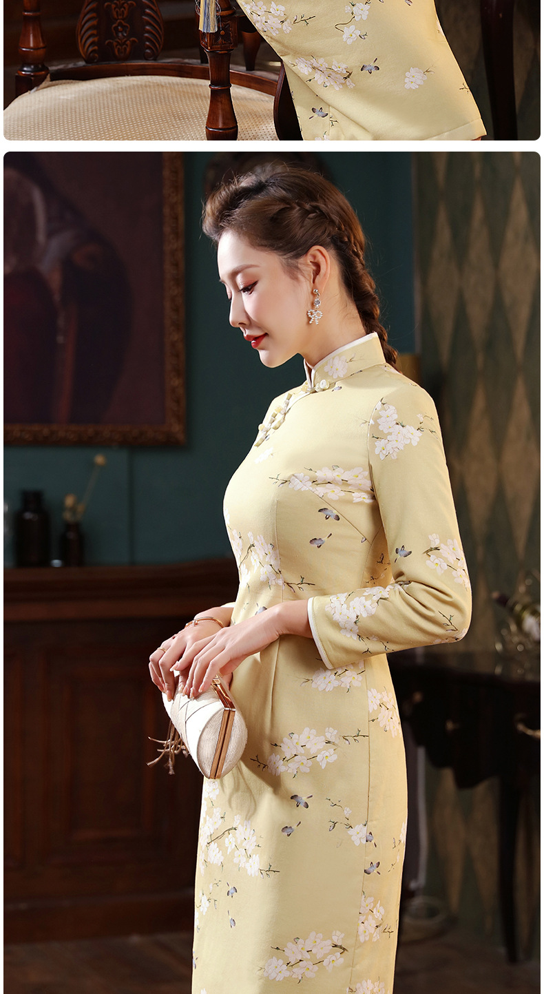 上海旗袍厂xgt-q2502冬季新款夹棉复古印花小a摆日常中长款旗袍连衣裙
