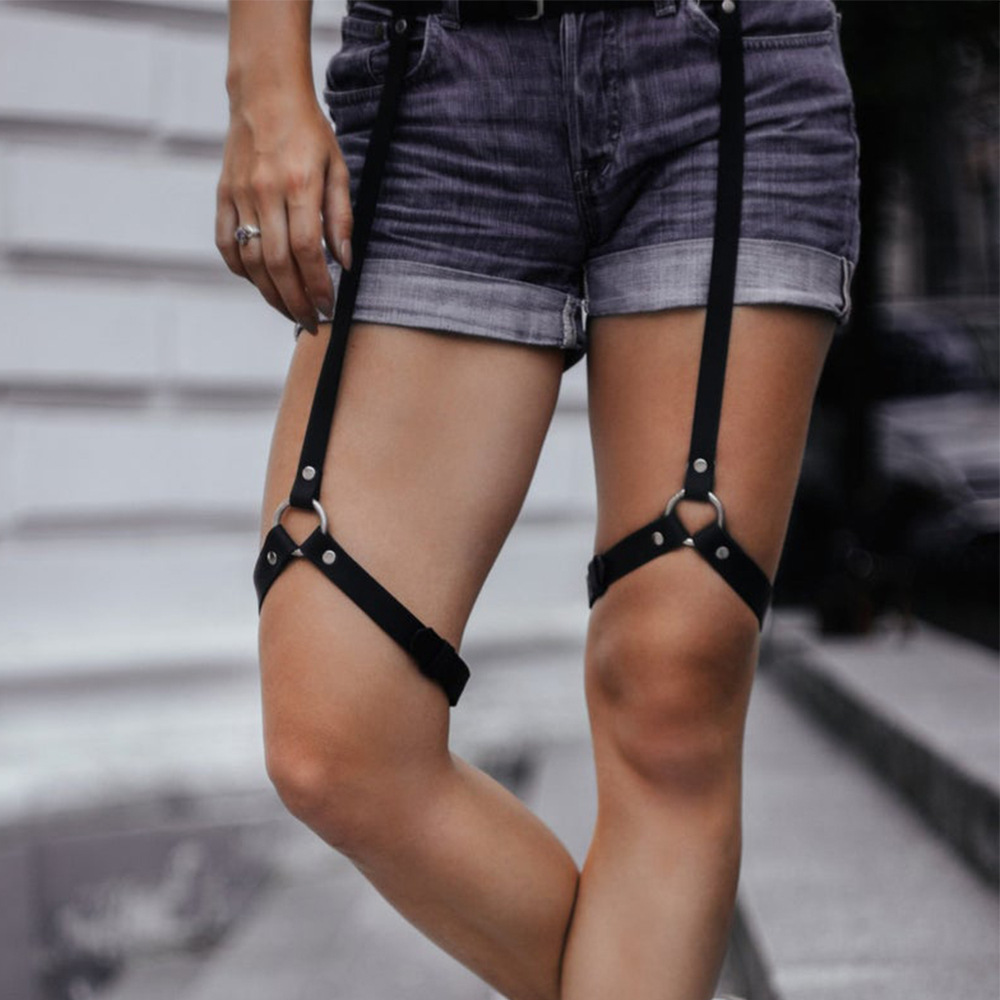 潮女 皮革腰带一体腿环性感女士 人造皮革腹部腿带 腰带束带