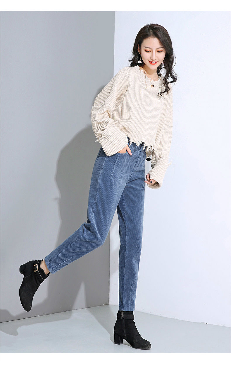 秋冬加绒松紧腰老爹哈伦裤女宽松灯芯绒高腰萝卜裤子女休闲裤女潮