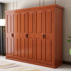 新中式实木大衣柜对开门推拉六门大容量衣柜卧室橡胶木衣橱家具
