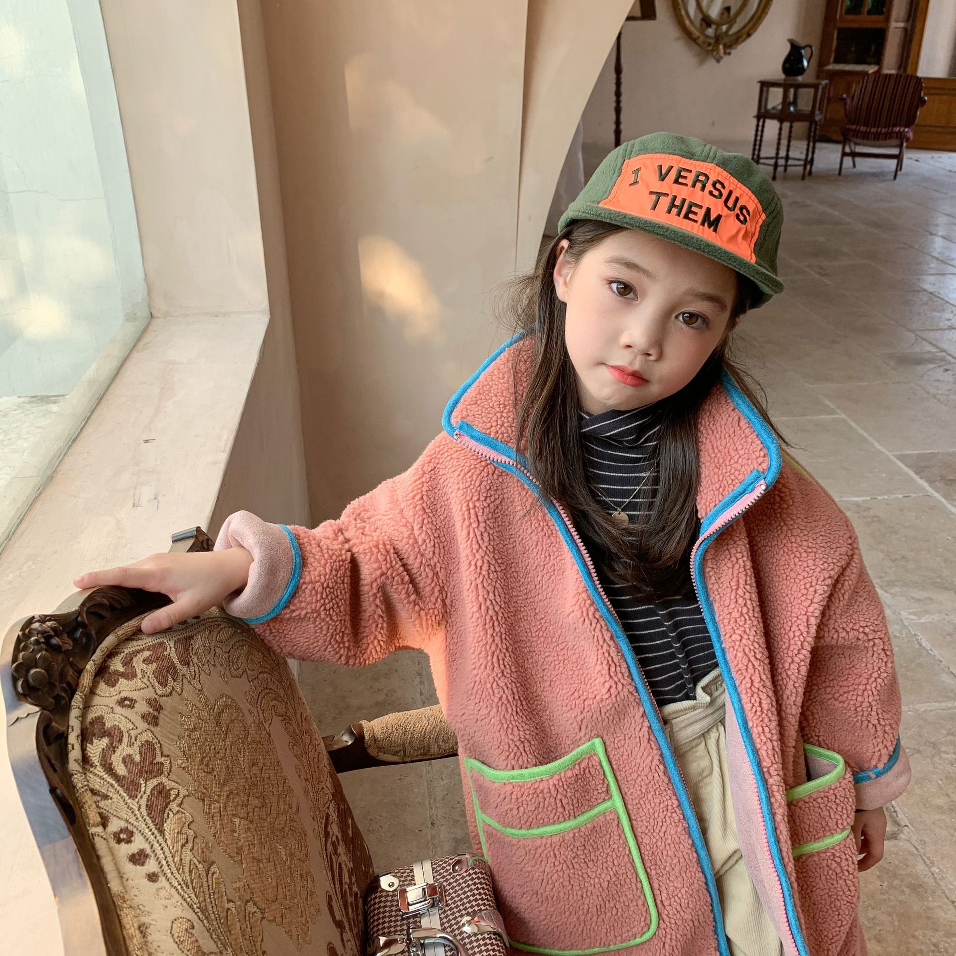 童装2020冬季新款女童撞色麂皮羊羔毛外套儿童韩版中长款风衣保暖