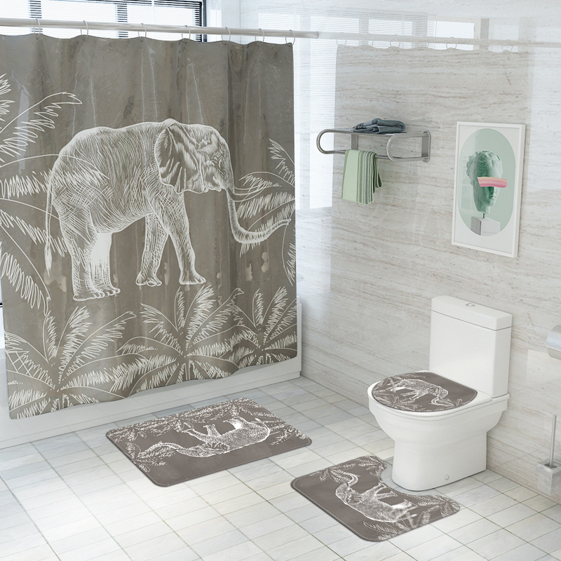 Hot Sale Animal Series Simplified Coconut Elephant Waterproof Mildew-Proof Shower Curtain Bath Curtain Mat Suit