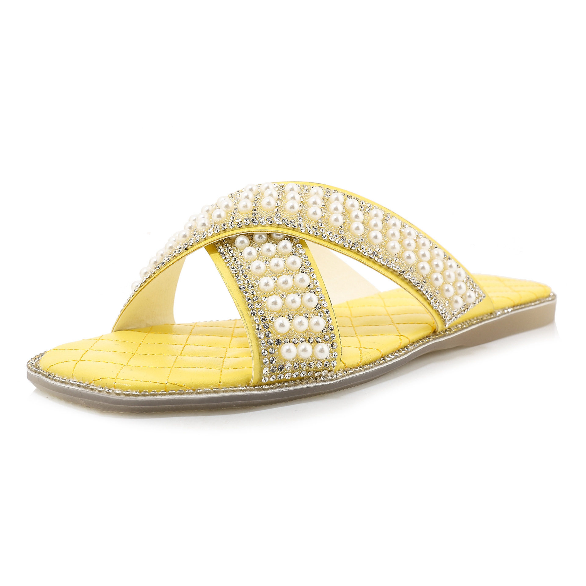 2020年夏季新品外贸时尚珍珠水钻装饰女鞋29-46大小码室外拖鞋