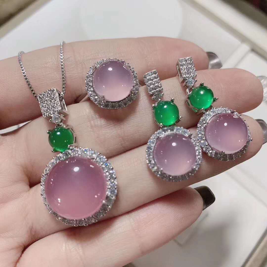 批发项链吊坠耳钉戒指绿玉髓套装首饰玉髓翡翠绿粉白色三件套