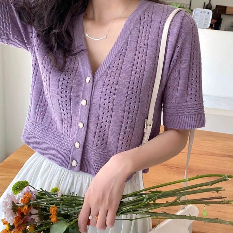 jennie风淡紫色毛衣薄款外套镂空针织开衫女香芋紫短袖桃心领上衣