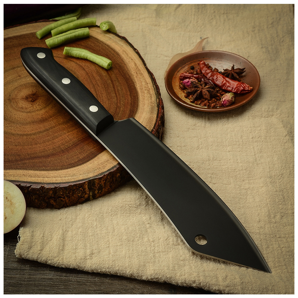 8寸锻打尖头主厨刀 黑彩木带孔菜刀西式厨刀料理刀