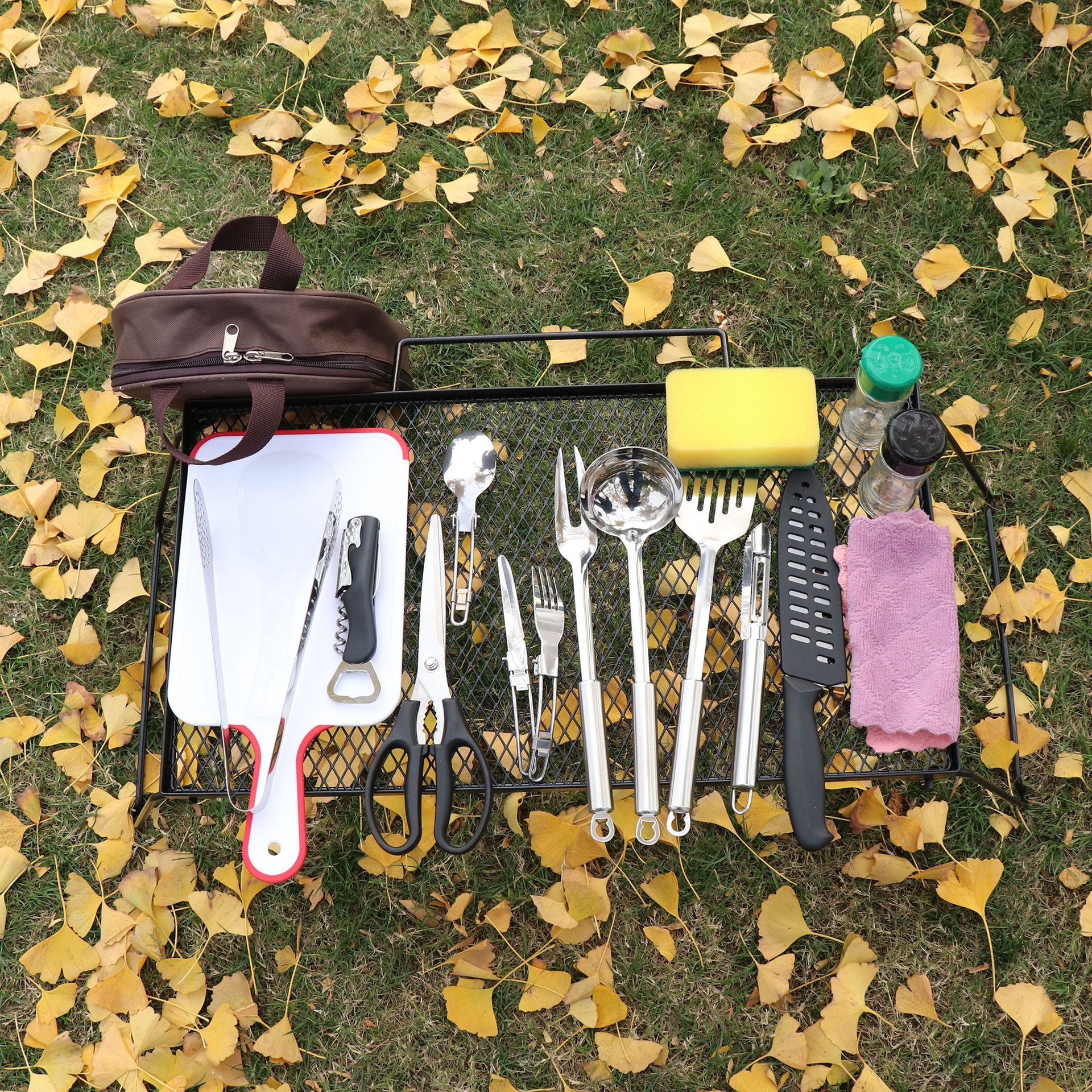 户外炊具套装便携烧烤工具不锈钢户外餐具套装野炊厨具18件套