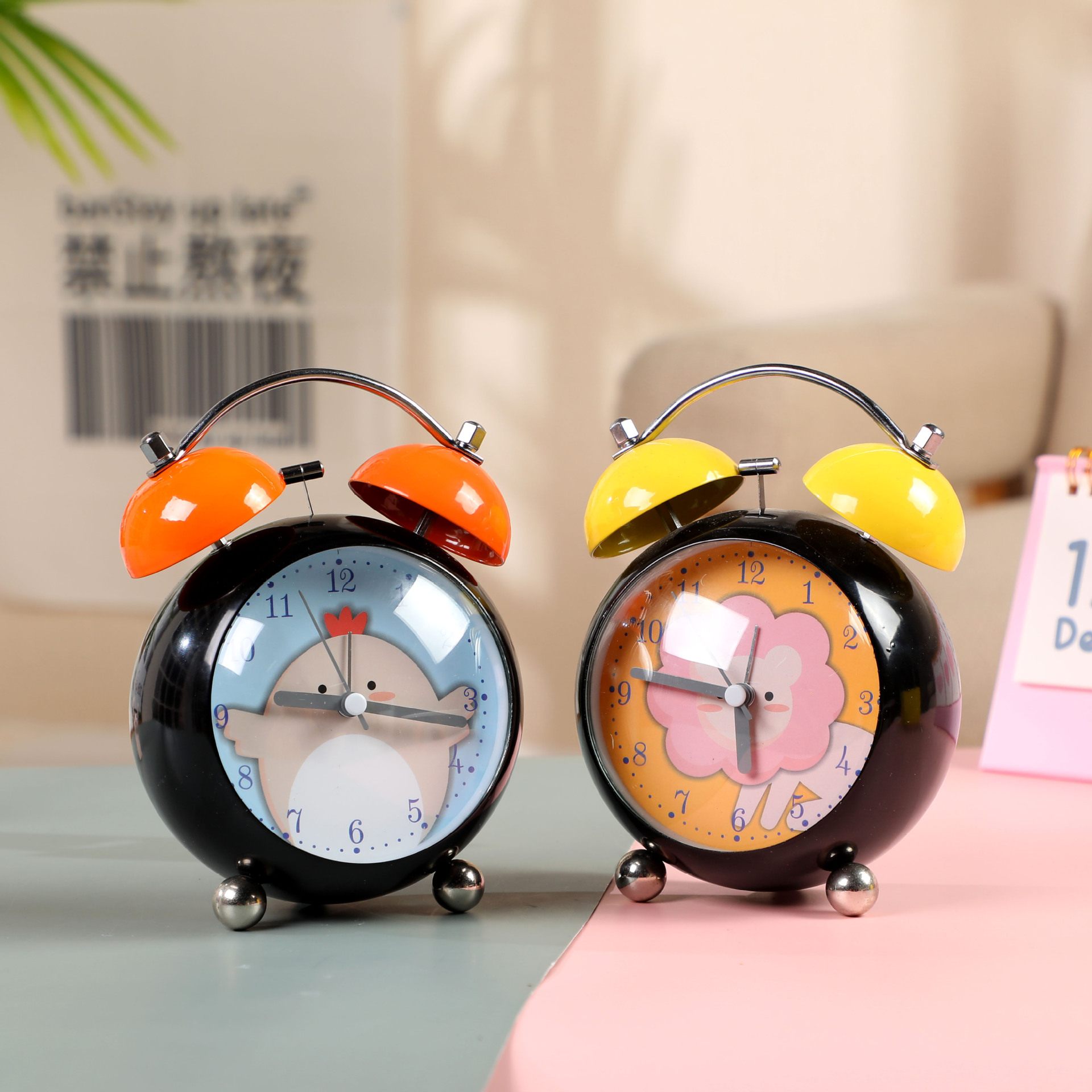 创意卡通可爱闹钟 3.5寸新卡通动物凸面钟 学生静音双铃打铃闹钟