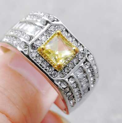 速卖通wish热销新款香槟方钻锆石戒指 欧美时尚双色男士钻戒