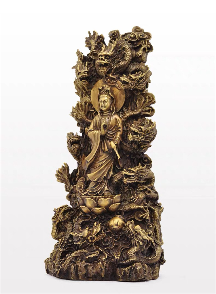 九龙观音菩萨黄铜普度众生人物神像大号金属工艺品佛堂供奉用品