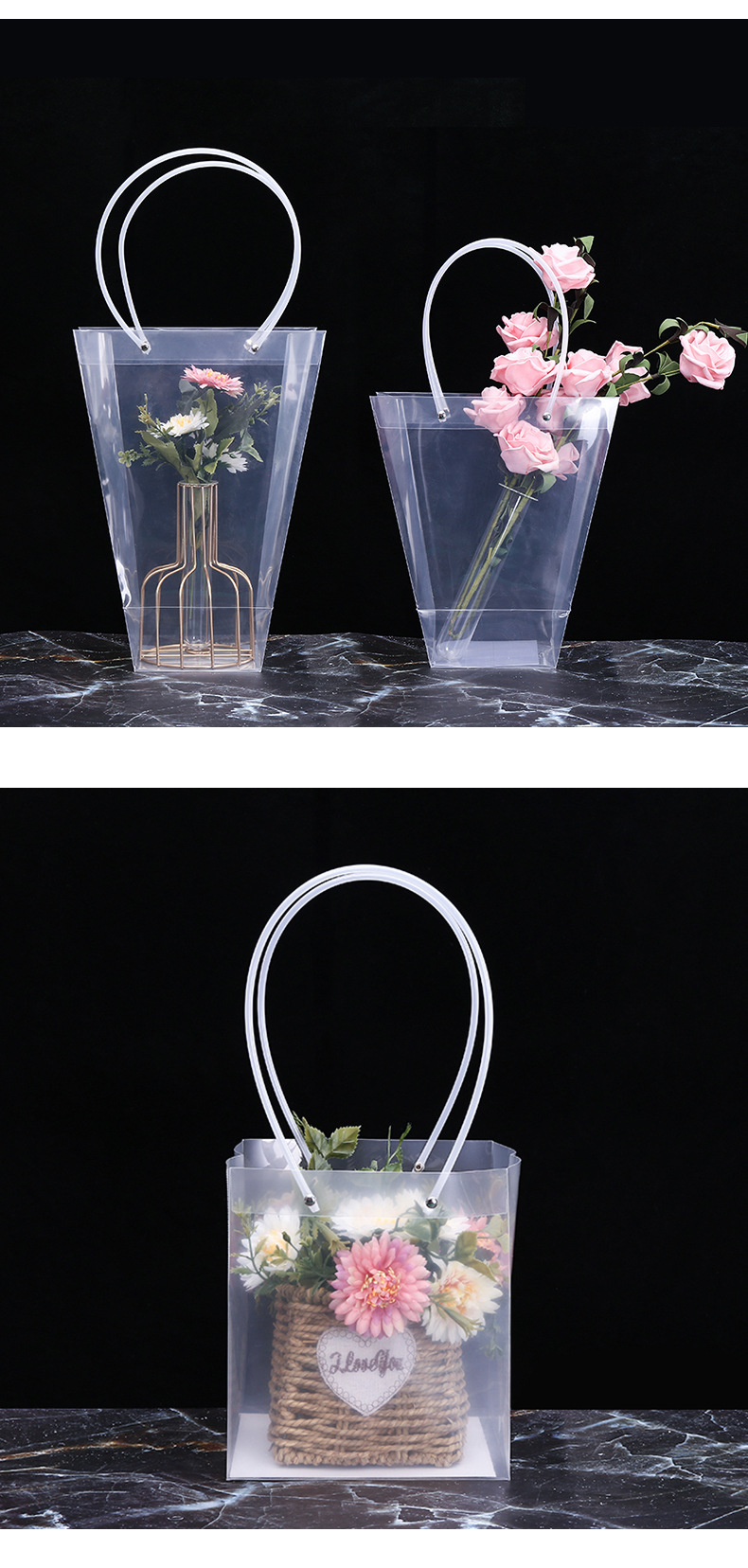 鲜花包装pp手提袋礼品袋长柄多肉盆栽玫瑰花袋塑料透明手拎袋梯形-阿