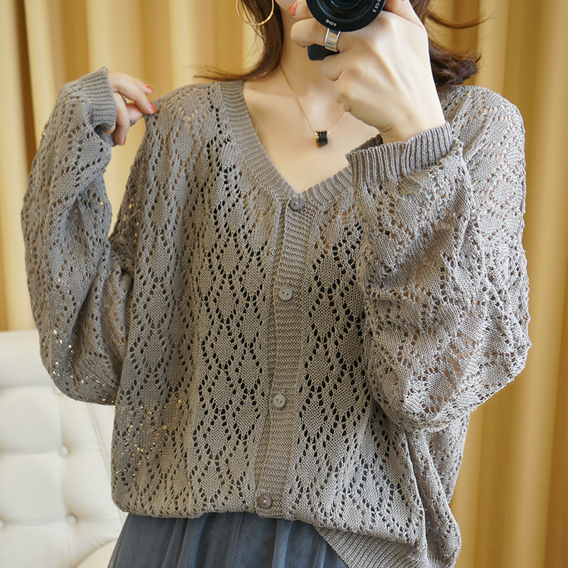 2020早春秋新款镂空仿亚麻线针织开衫女薄款v领纯色宽松毛衣时尚