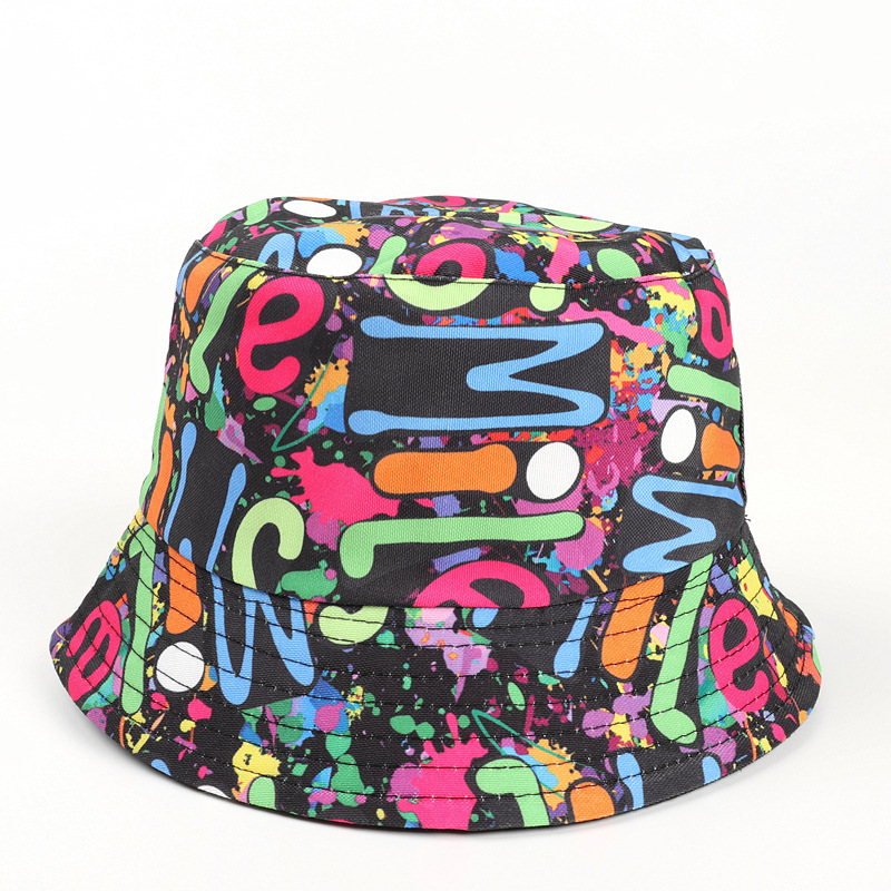 渔夫帽女新款smile彩色涂鸦盆帽欧美个性花色嘻哈双面印花遮阳帽