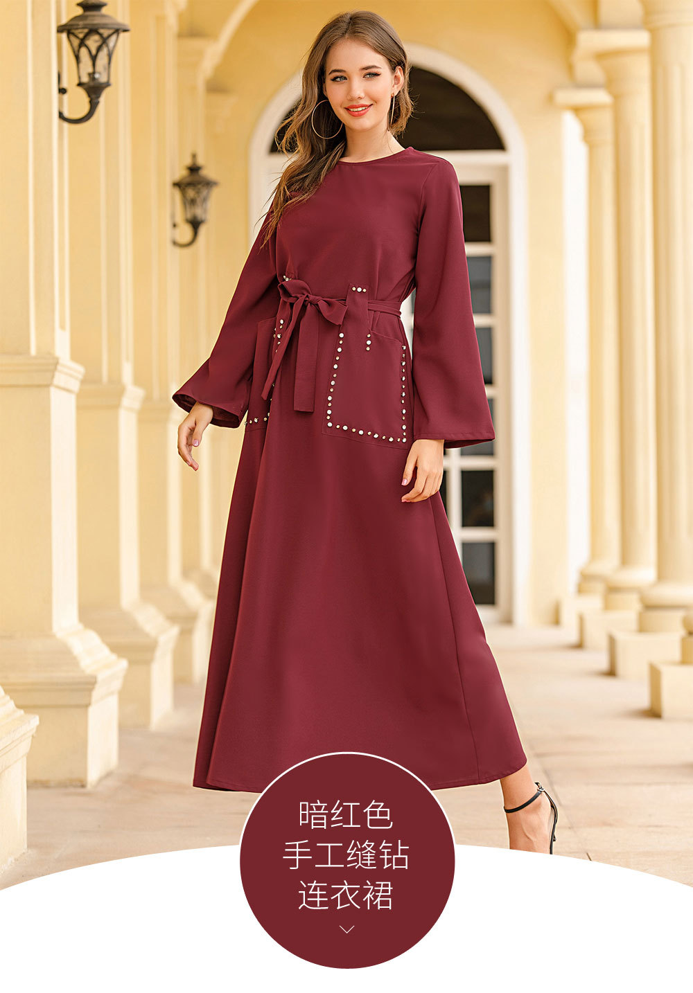 s006暗红钻兜日常休闲长袍 阿拉伯 中东 女装 长裙 muslim abaya