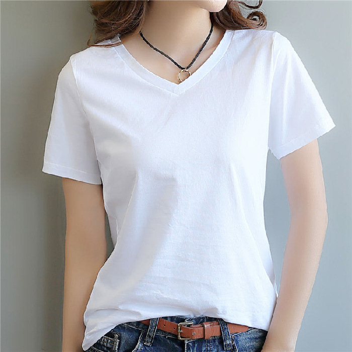 短袖t恤女2020夏季新款短袖女棉质宽松白色女士v领短袖体恤打底衫