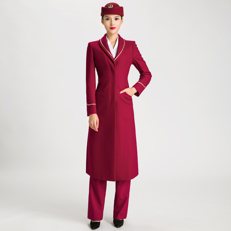 南航空姐制服款毛呢外套酒店前台呢子大衣玫红色超长过膝款冬装女