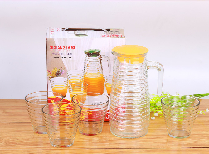 波纹饮用水具五件套 冷水壶横纹壶玻璃杯八角壶 家用套装壶礼品