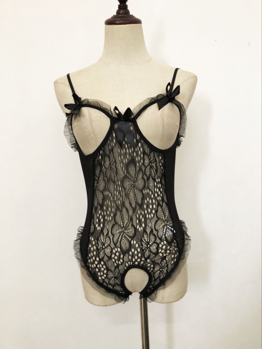 夏季黑色透视带胸垫高端三点式女午夜魅力诱惑薄蕾丝睡衣