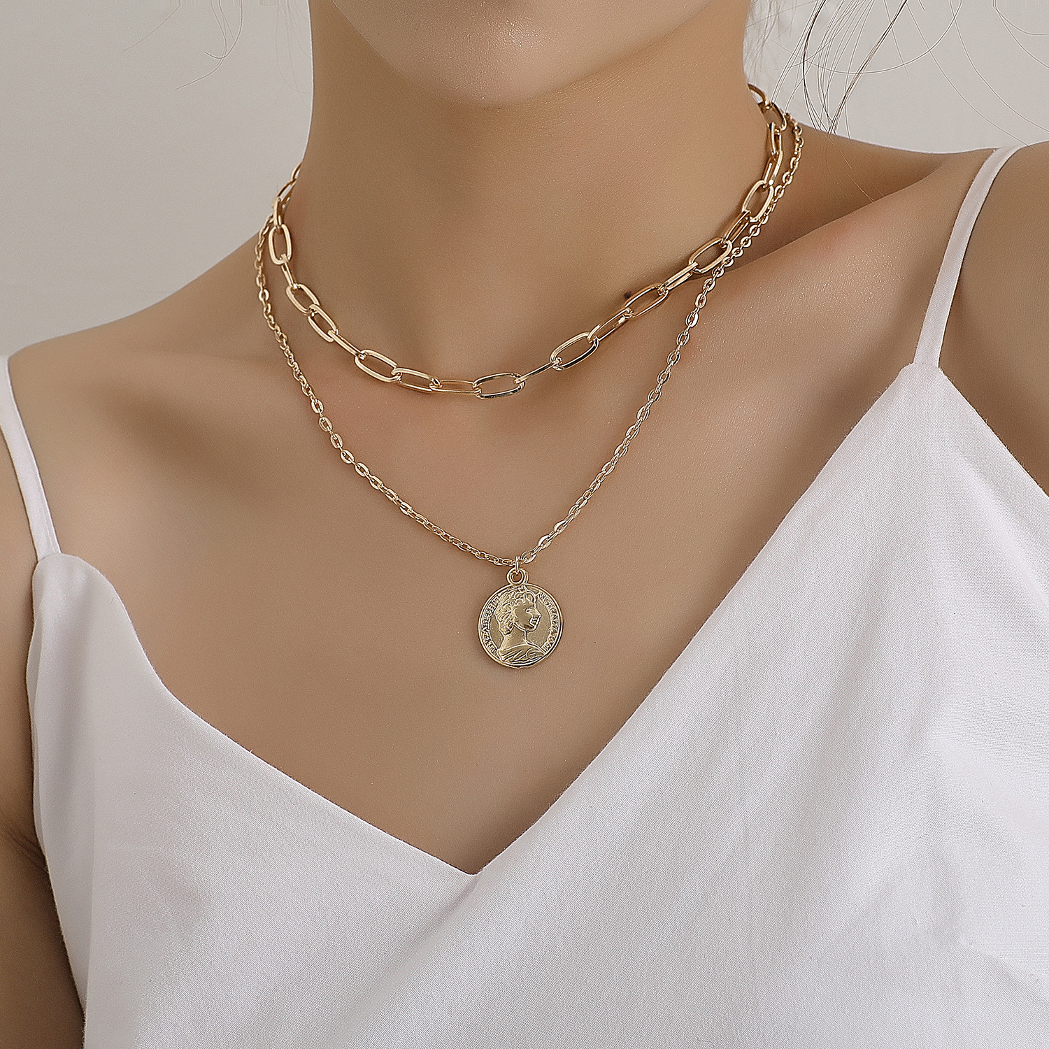 欧美跨境饰品 时尚锁链美人头像吊坠项链女 复古几何百搭多层项饰