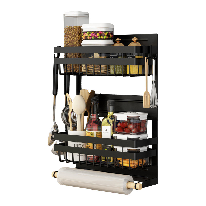 Kitchen Rack Black Refrigerator Rack Microwave Oven Side Hanging Multi-Purpose Freshness Protection Package Magnetic Suction Punch-Free Seasoning Storage