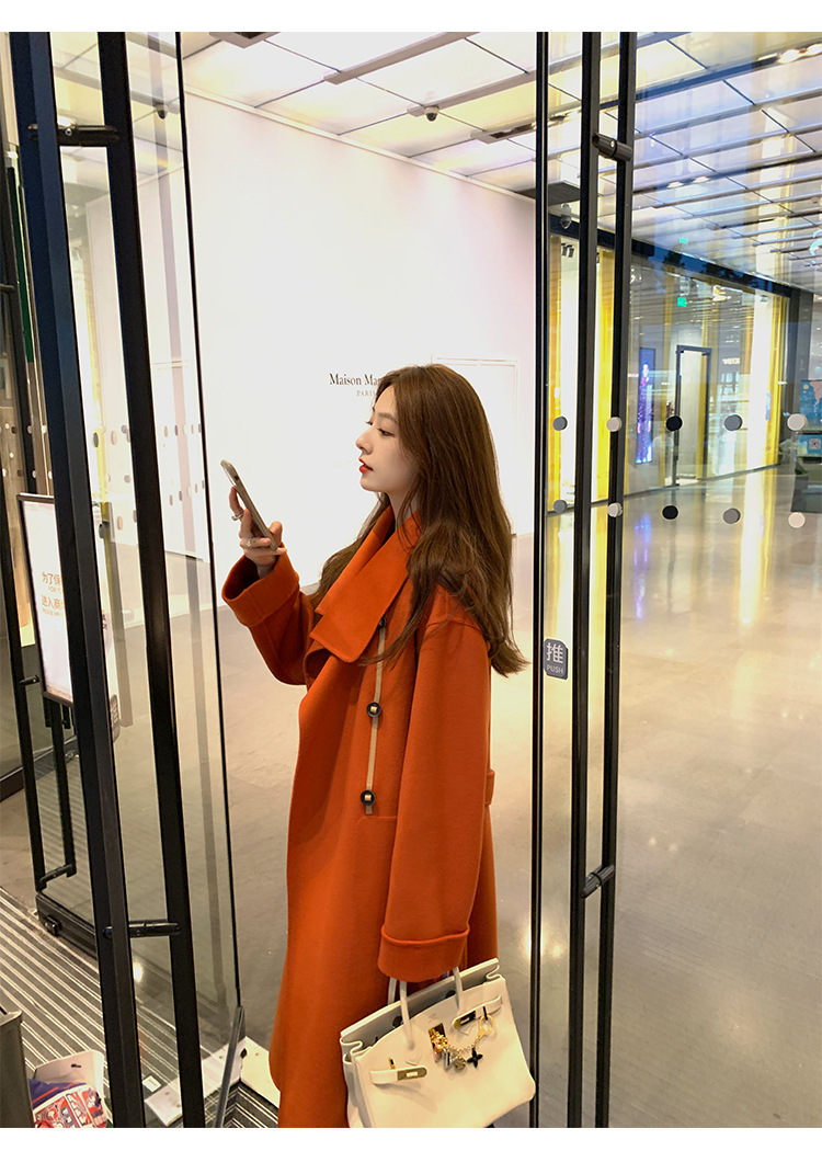 夏诗文毛呢大衣中长款女秋冬翻领设计气质白色毛呢外套