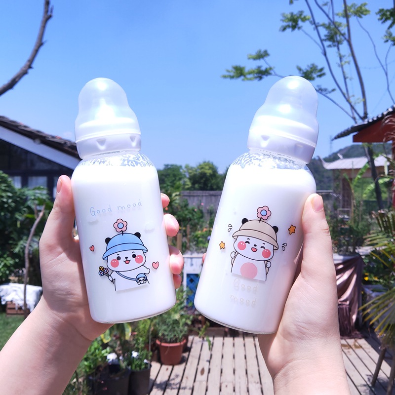 Internet Celebrity Little Mouse Feeding Bottle Adult with Scale Adult Baby Bottle Glass Student Cute Water Glass Drinking Straw Cup