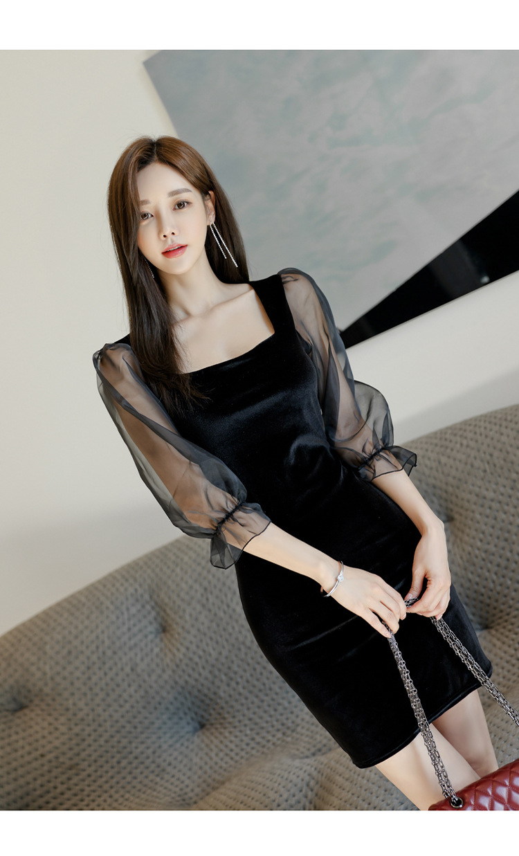 2020新品轻熟风低胸透视薄纱拼接七分袖高腰修身包臀丝绒连衣裙女