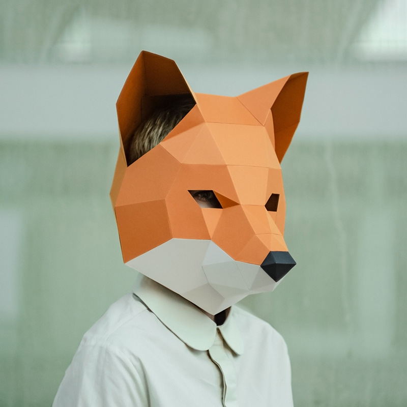 头盔头套狐狸面具可穿戴手工纸模型化装舞会diy创意礼物