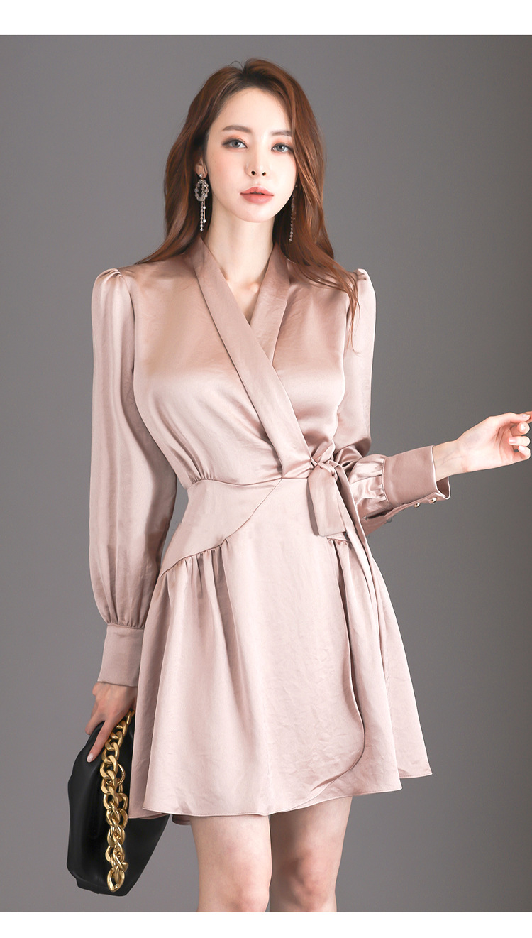 跨境女装2020秋冬款名媛气质v领系带收腰荷叶摆轻奢缎面连衣裙 女