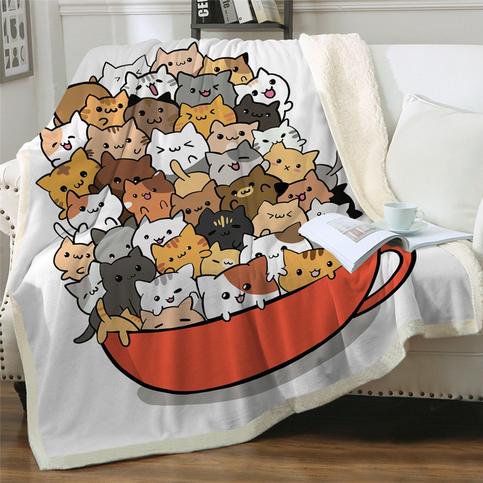 床上用品猫毛毯,卡通夏尔巴毛毯,宠物毛毯,定制毛毯数码印花毯