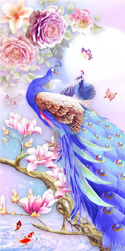 5d钻石画十字绣花开富贵吉祥牡丹孔雀满钻新款客厅玄关竖跨境货源