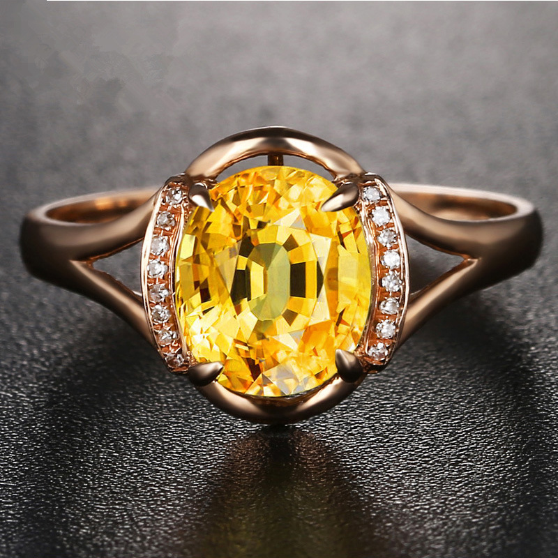 wish跨境热卖2克拉黄宝石戒指 镀18k金彩宝女戒 彩色宝石戒指环女