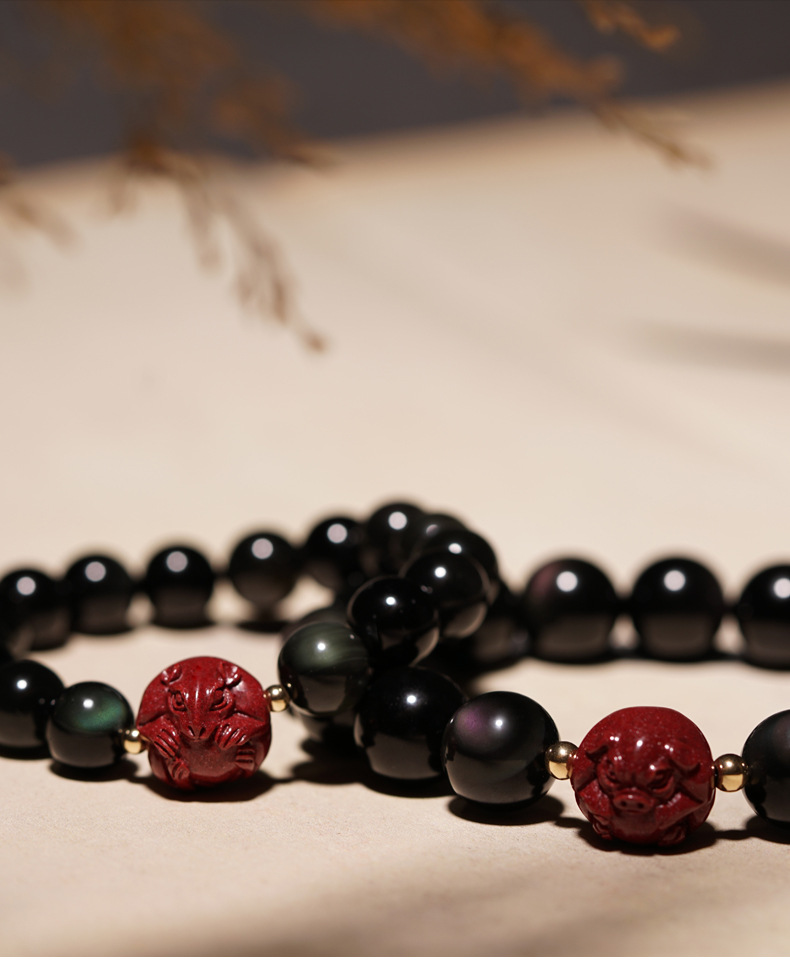 高端黑曜石朱砂十二生肖手链男女本命年属鼠转运手串情侣水晶首饰