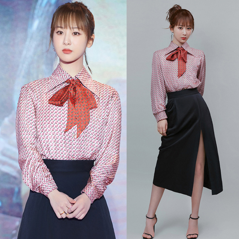 杨紫明星同款衣服印花上衣蝴蝶结衬衫缎面宽松飘带衬衣2020新款女