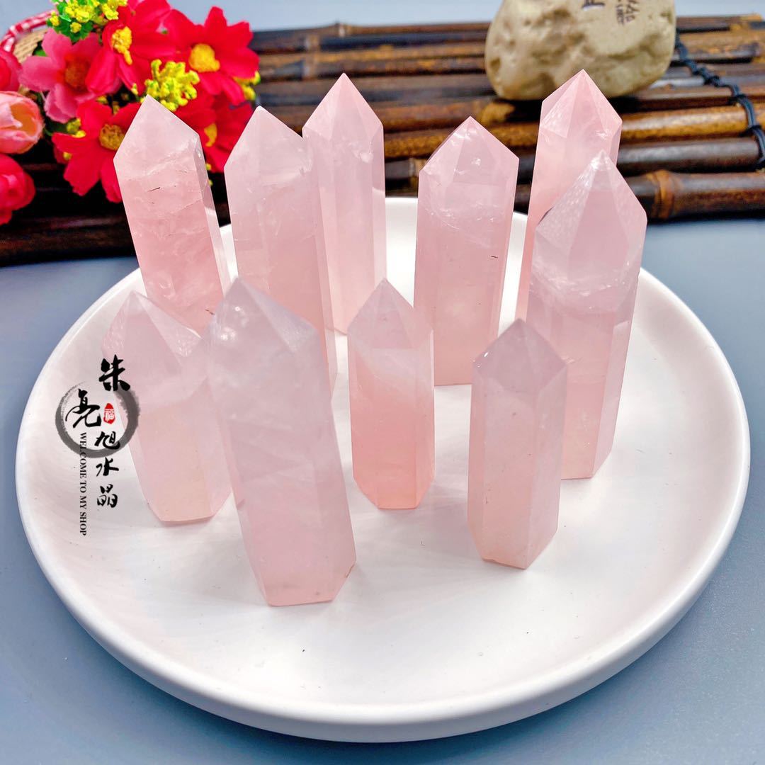 粉水晶柱六棱柱粉晶单尖能量旺人缘桃花灵摆占卜疗愈原石消磁