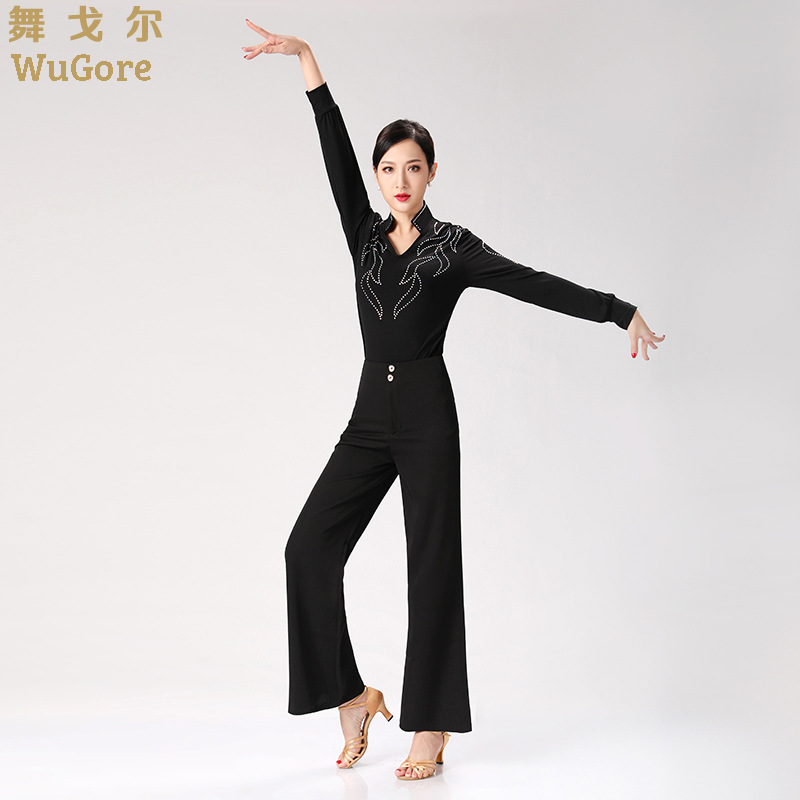 Latin Dance Costume Female Adult Modern Dance Top Diamond High-End Performance Costume Ballroom Dance Square Dance Clothes Practice