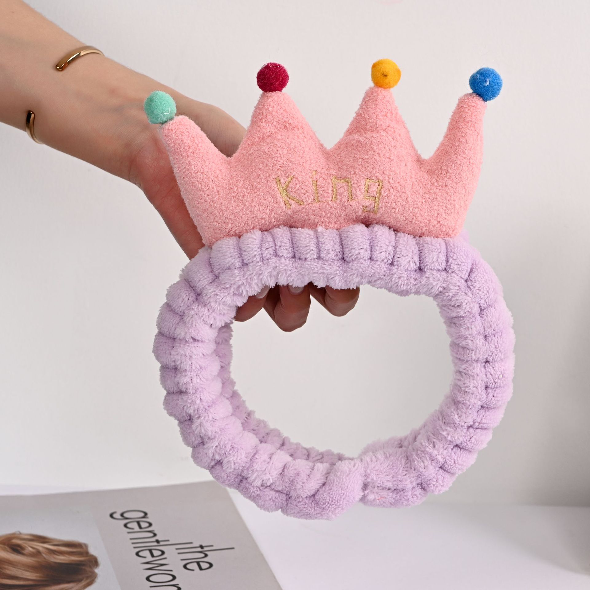 Japanese Korean Cartoon Small Balls Queen Color Crown Head with Net Red Face Wash Headband Girl Sweet Plush Hair Band