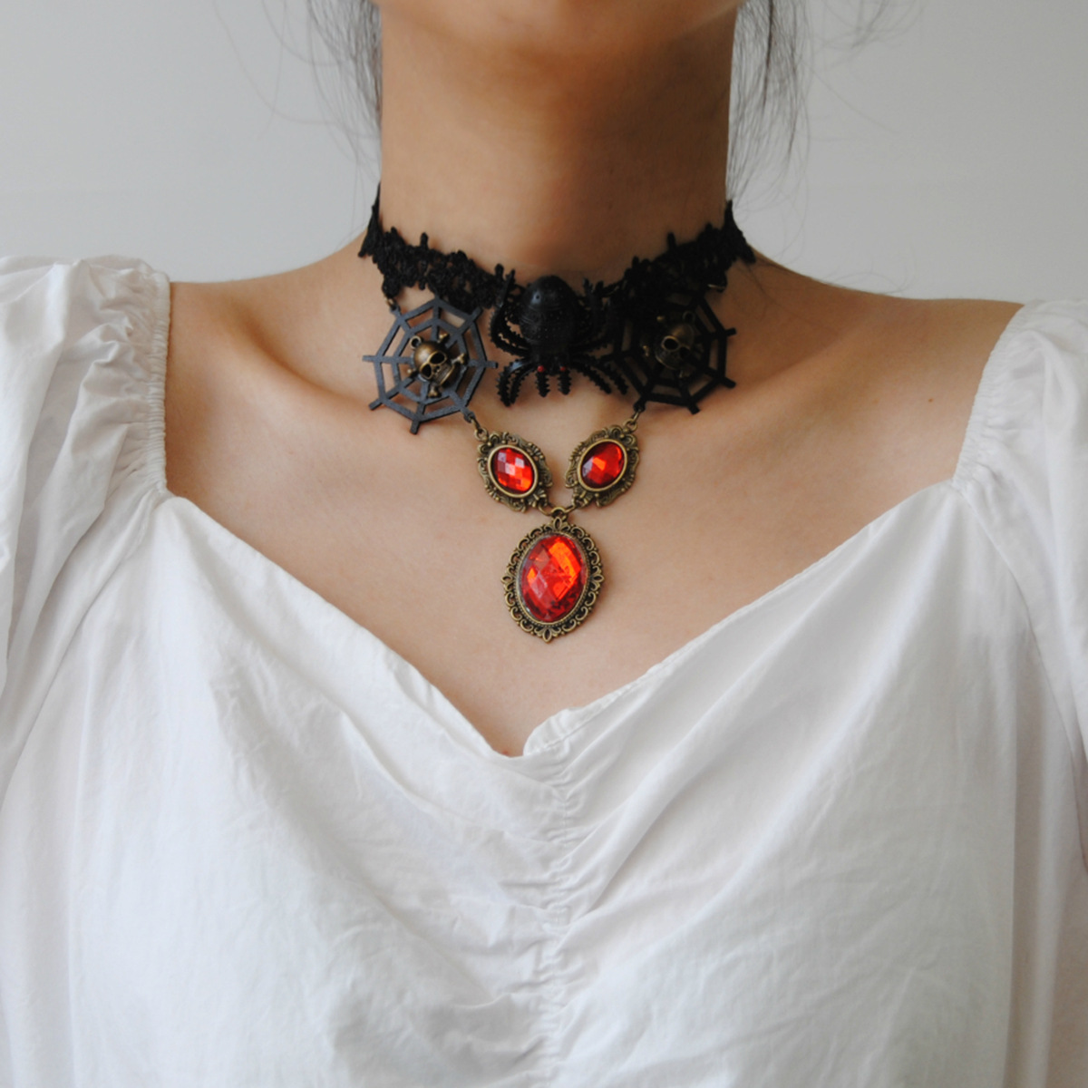 哥特风蕾丝项链蜘蛛网骷髅头黑色复古项饰品万圣节日配饰批发