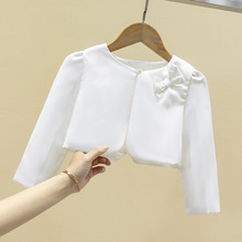 新款女童礼服儿童蝴蝶结长袖披肩白色花童礼服公主外搭短外套