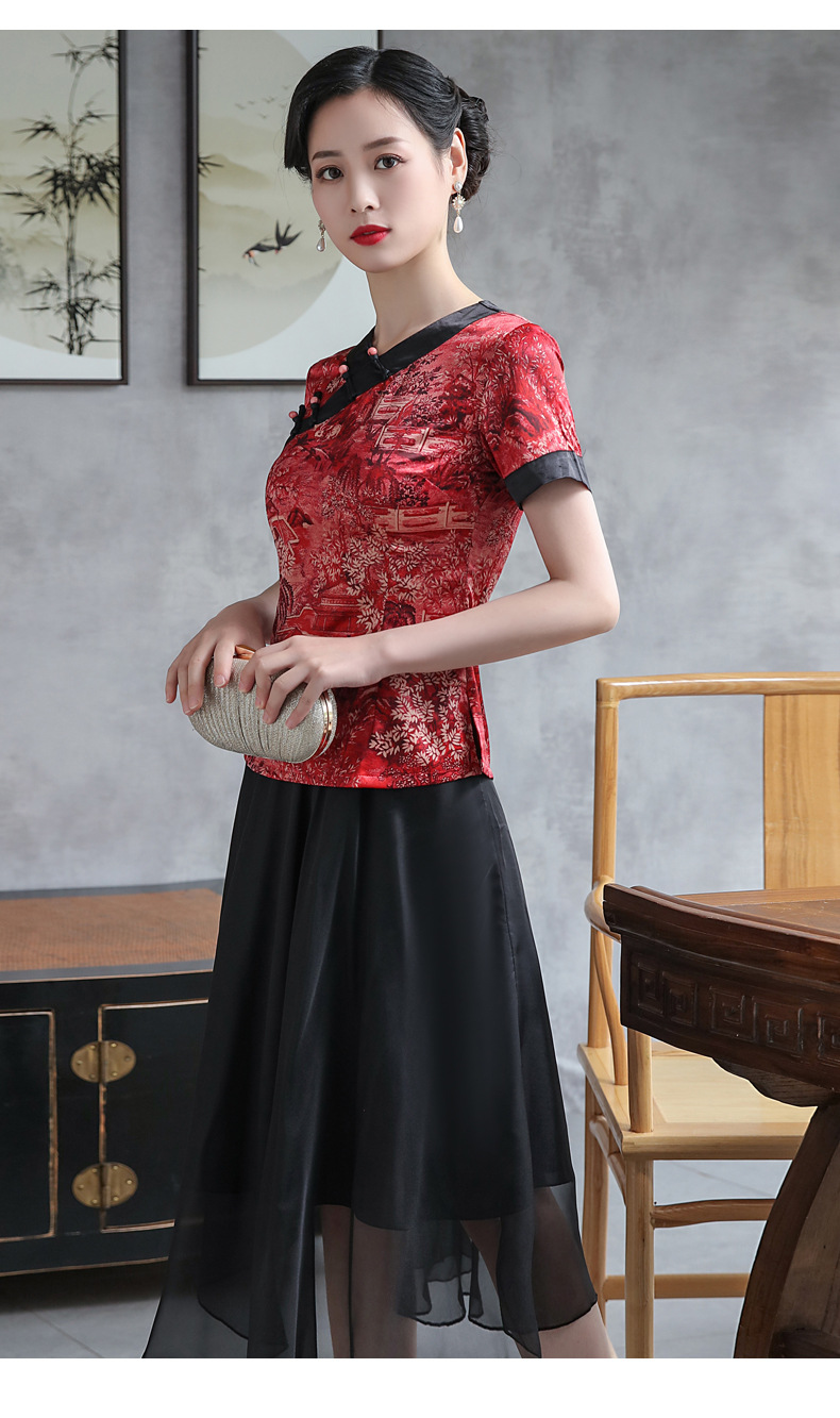 xl新款优雅气质修身印花无领旗袍上衣半身裙两件套