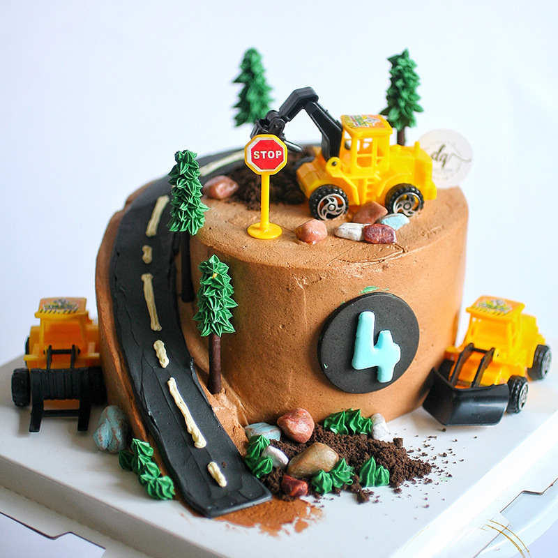 工程车生日蛋糕挖土机男孩儿童挖掘机装饰摆件路标交通指示牌插件
