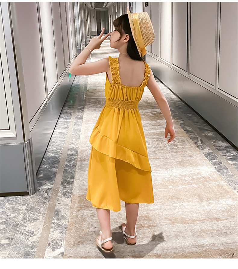 女孩连衣裙中大儿童小学生薄款纯色吊带裙子女童2020束腰荷叶边裙