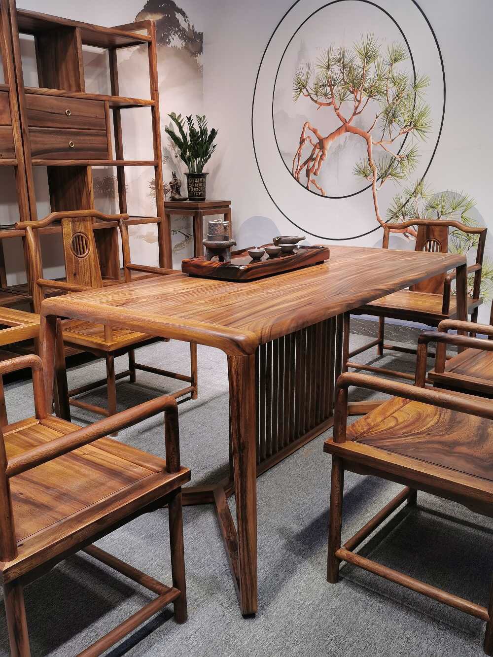 大板桌红木家具胡桃木家具新中式南美胡桃木梳条茶桌批发