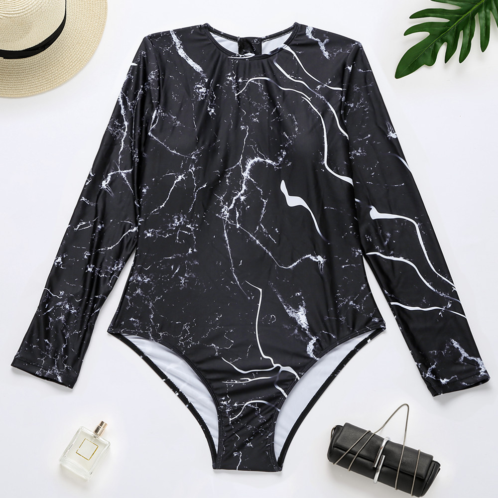 Yi Xia Swimsuit 2021 New Printed Diving Suit Long Sleeve Sunscreen Swimsuit European and American Foreign Trade Surfing Suit One-Piece Swimsuit