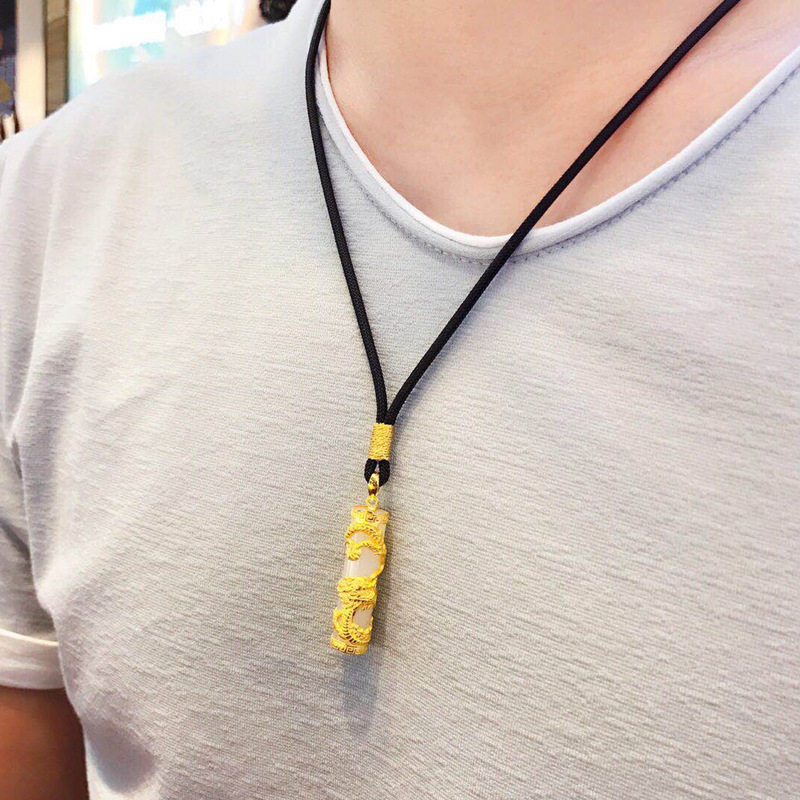 999足金镶玉龙柱吊坠和田玉男士吊坠黄金项链挂坠纯金龙