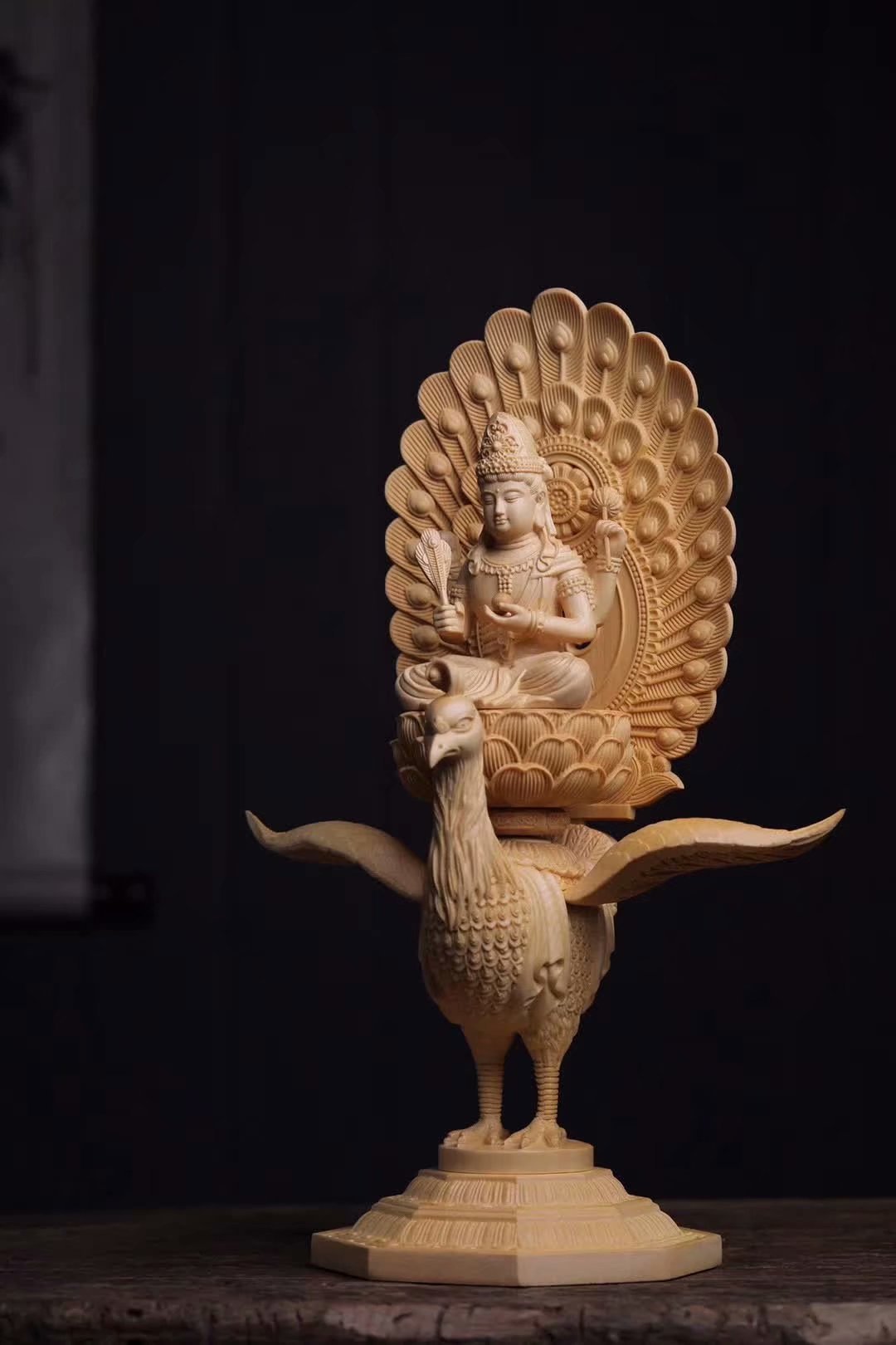 批发 桧木雕坐孔雀明王菩萨38高家居木质摆件背屏可拆木工艺品