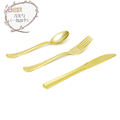 Disposable Golden Plastic Chinese and Western Tableware Knife， Fork and Spoon Set Combination Pizza Fruit Steak Knife and Fork