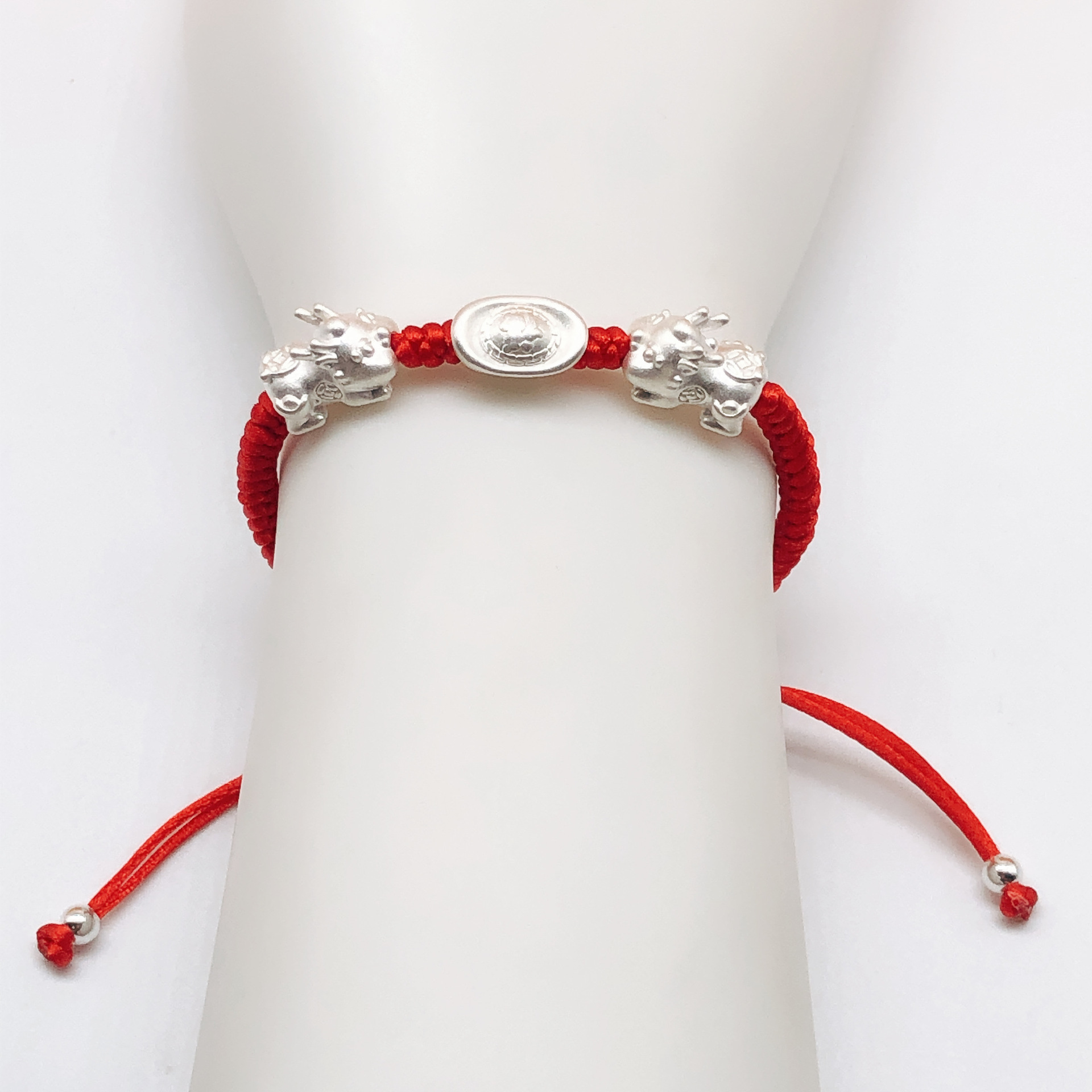 3d硬银999双貔貅宝宝财元宝本命年转运珠手工编织红绳手链男女款