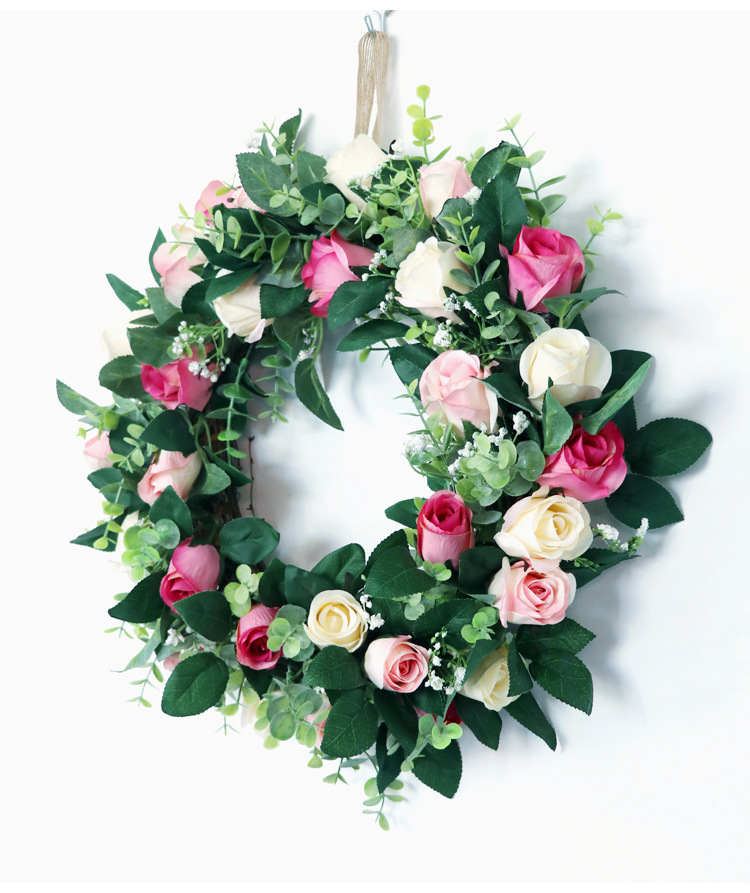 仿真玫瑰花花环春季新款藤圈结婚礼布置节日装饰仿真植物壁挂