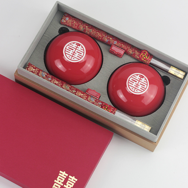 结婚碗筷套装对碗喜碗景德镇衣食饭碗喜庆红色新婚礼物定制餐具